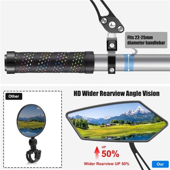 Bike Mirror 1 Pair, [New Version] HD Wide Angle Large Handlebar Rearview Mirror - Picture 2 of 7